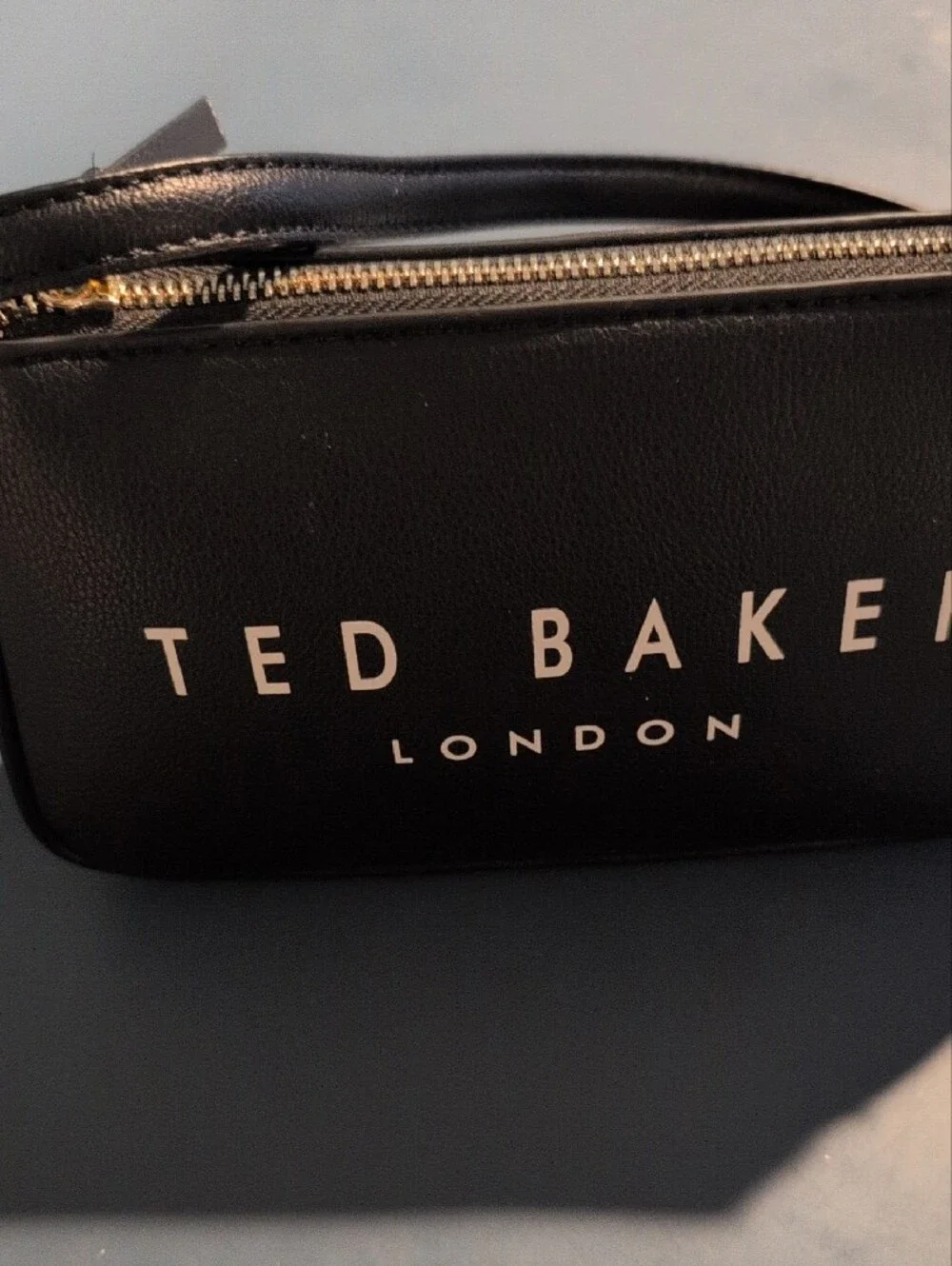Ted Baker Black Leather Logo Wristlet with Gold Zip